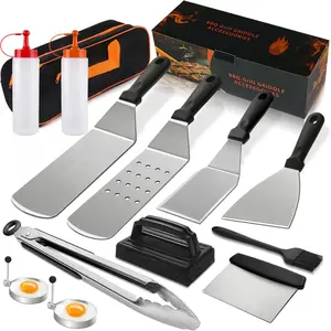 BBQ Accessories Set, Grill accessory kit, stainless steel barbecue spatula set, suitable for outdoor barbecue, teppanyaki, and camping; barbecue accessories and cooking tools for Blackstone and Camp Chef; Grill Brush