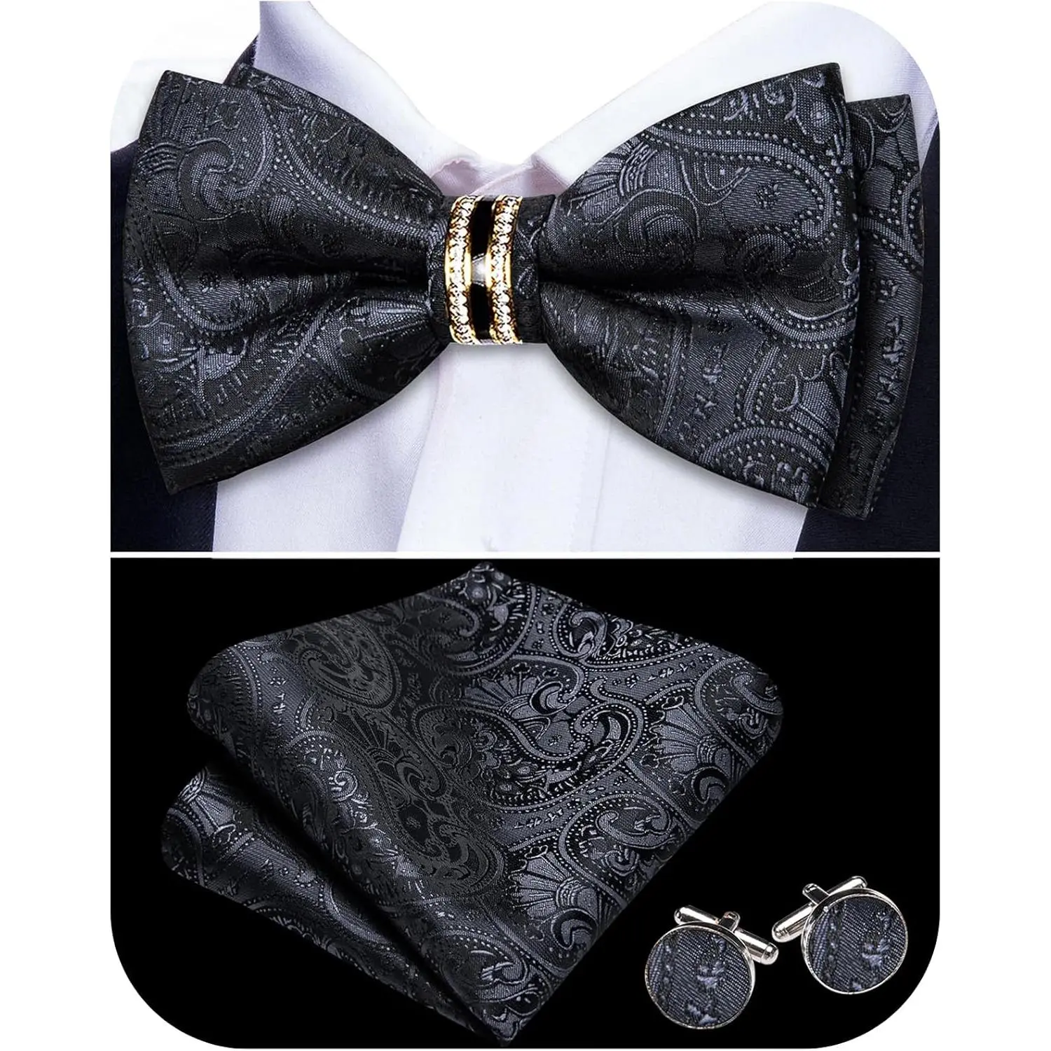 Men's Pre-Tied Paisley Bow Tie Set - Adjustable, with Handkerchief, Cufflinks & Gold Ring - Decorative, Semi Formal, Bow-Knot, Designer Print Neckties for Wedding, Prom, Decorative Bow Neckties
