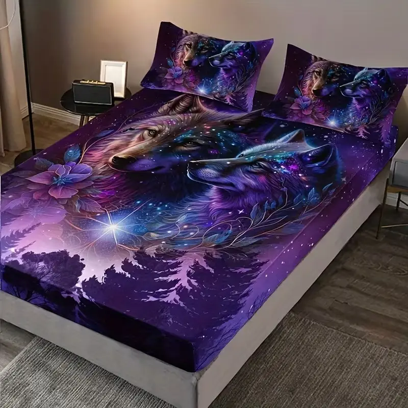 3pcs Starry Sky Wolf Pattern Polyester Bedding Set, High-Quality Digital Print Sheet and Pillowcases, All Seasons, Bedsheet Sets, Bedding Supplies