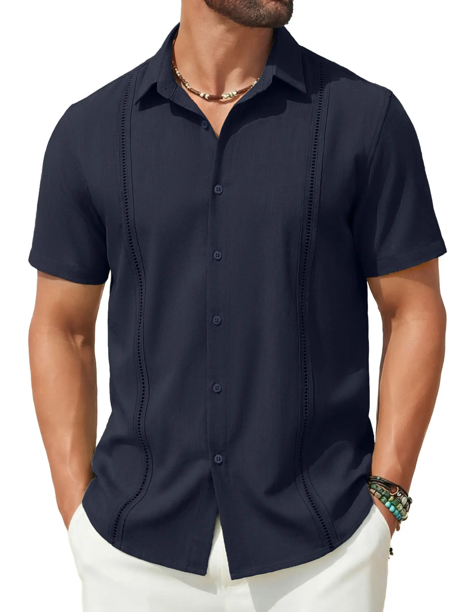 COOFANDY B Mens Short Sleeve Cuban Guayabera Shirt Casual Summer Beach Button Down Shirts Menswear Top Clothing Soft
