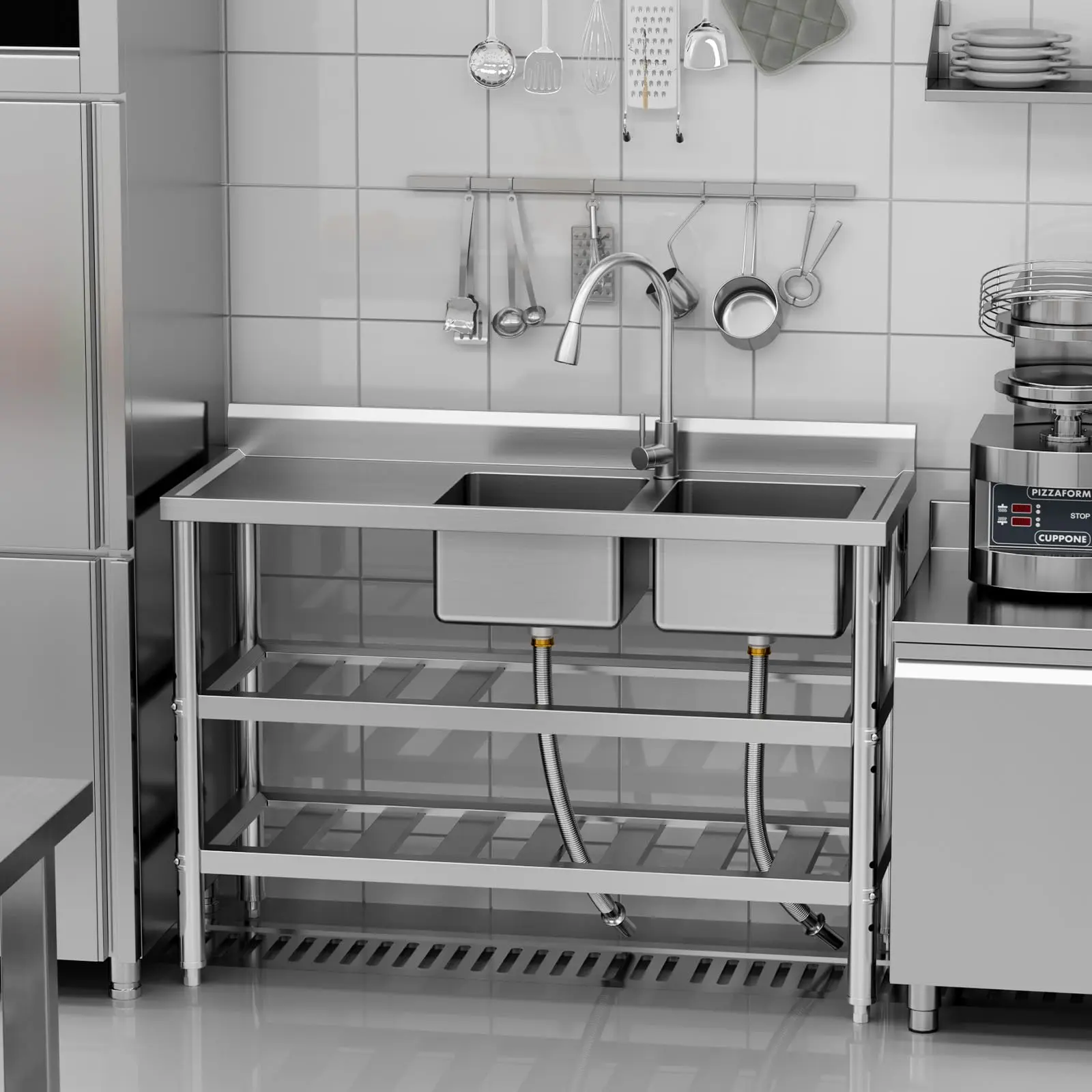 【Restock Sale】GARVEE Free Standing Commercial Kitchen Sink, Stainless Steel Utility Sink with Hot & Cold Hoses, Stainless Steel Double Bowl Utility Sink Set for Garage, Restaurant, Kitchen, Outdoor