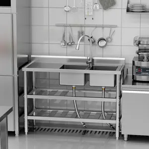 【Restock Sale】GARVEE Free Standing Commercial Kitchen Sink, Stainless Steel Utility Sink with Hot & Cold Hoses, Stainless Steel Double Bowl Utility Sink Set for Garage, Restaurant, Kitchen, Outdoor