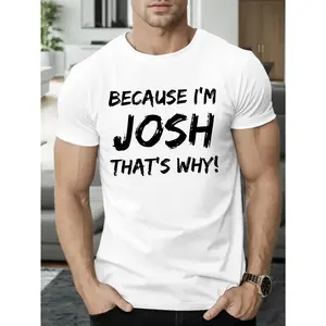 Men's Fashion Casual "JOSH" Printed Round Neck T-Shirt, Summer Trendy Short Sleeve Top Unisex Crewneck White T-shirt