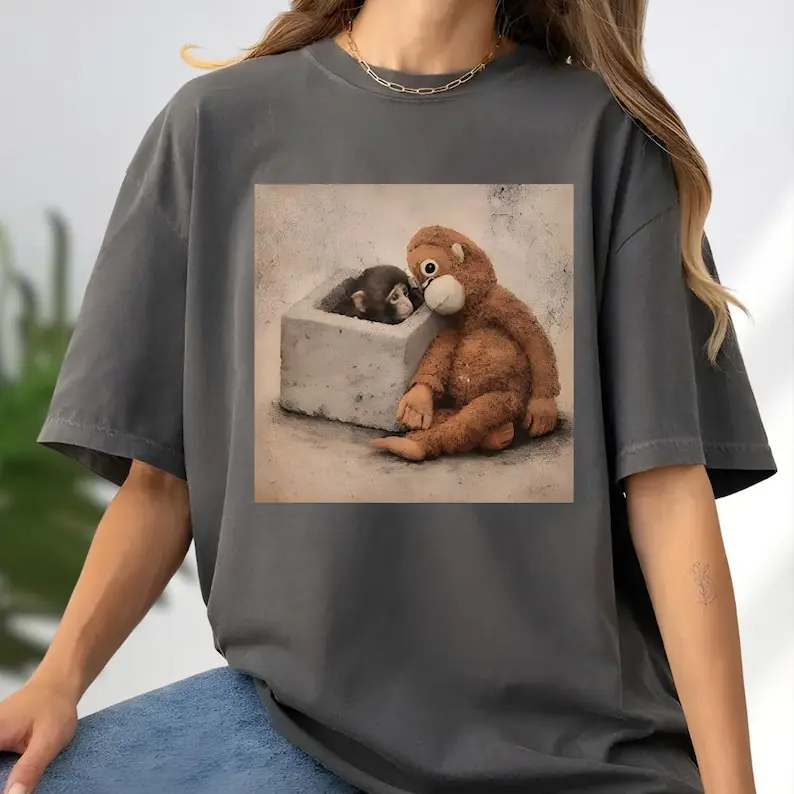Monkey Punch Comfort Colors Shirt, Baby Monkey Holding Plush Toy T-Shirt, Animal Lover Gift, Viral Sad Monkey Meme, Mama & Youth Graphic Tee