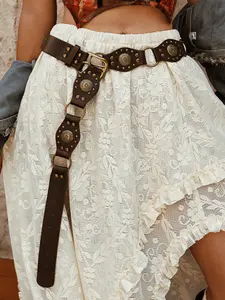 Western-Concho-Belt Women Y2k Belt PU Studded Furry Belt Gothic Punk Belts Accessories for Dresses and Pants