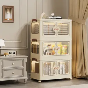 9gal/36QT 4 Tier Stackable Storage Bins Open Front, Plastic Collapsible Bins with Lid, Foldable Storage Box with Doors and Wheels, Storage Organizer for Home, Office