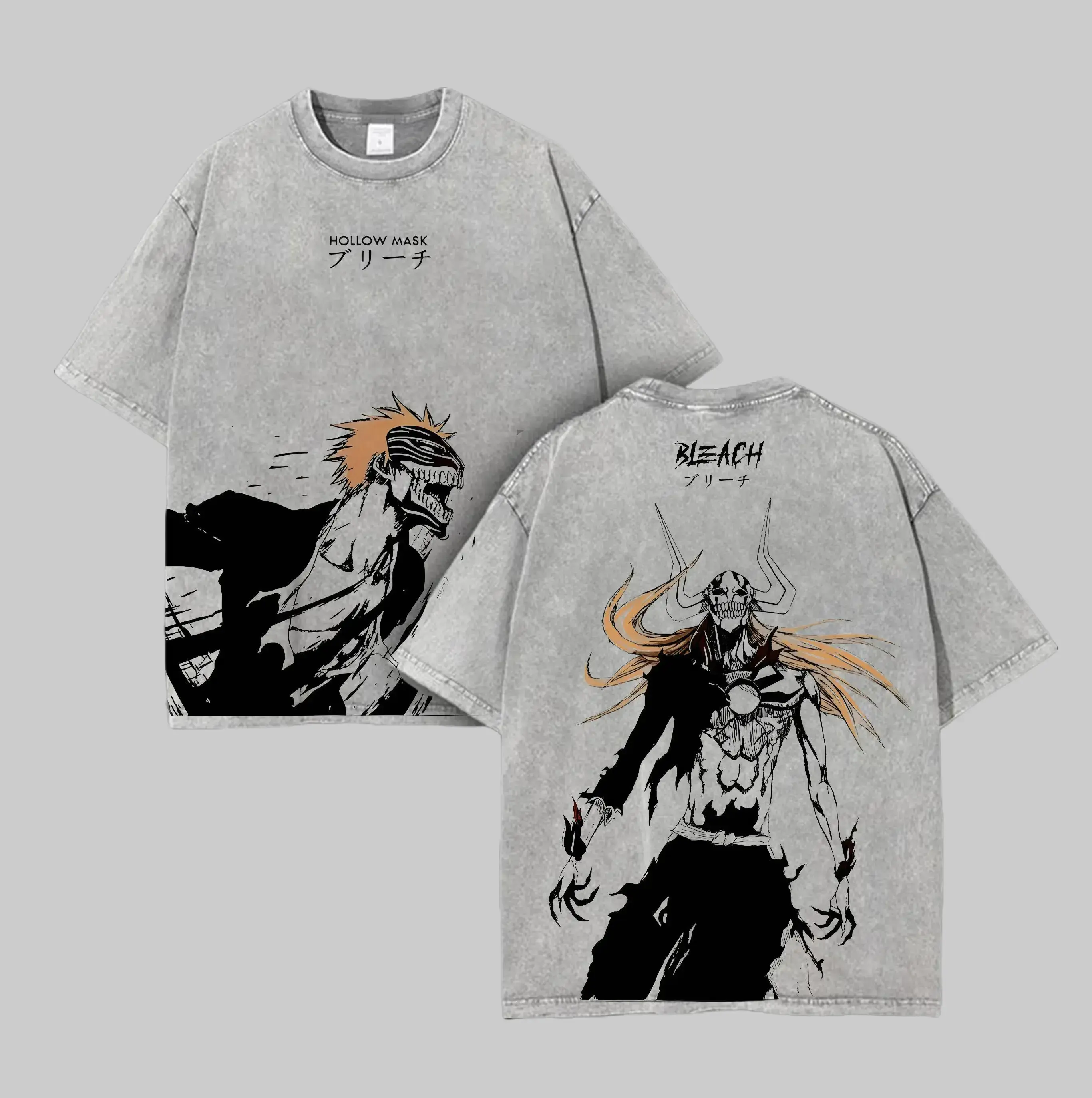 Men's Ichigo "Hollow Mark" Bleach Washed Oversized T-Shirt, Double-Printed Heavy Cotton Stretch Fabric Short-Sleeve Manga Streetwear, Unisex Anime Fan Gift