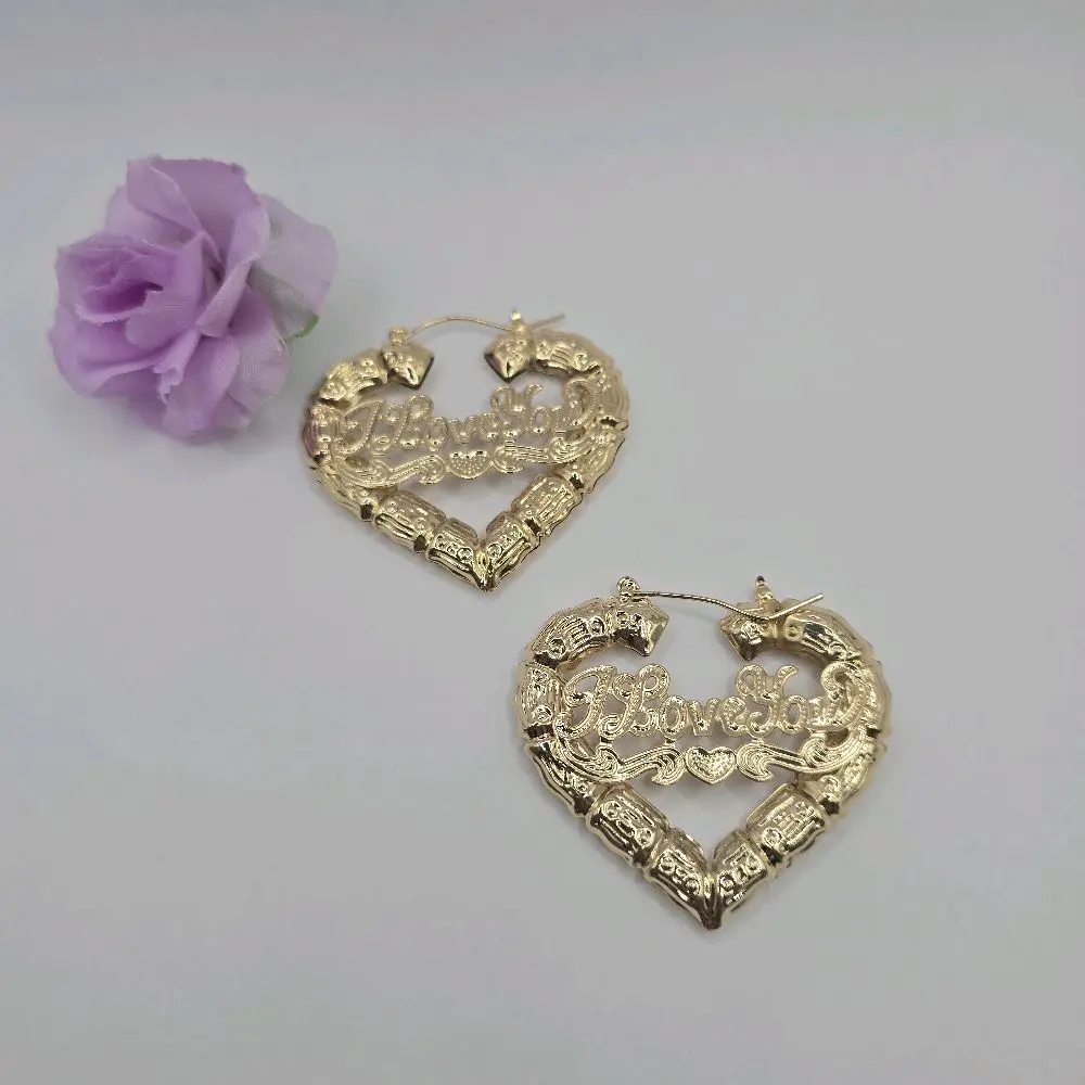 I LOVE YOU, " New" bamboo hoops, earrings, cute  heart style, gold-plated 2"inches