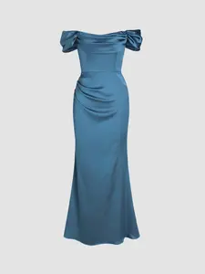 Cider Ruched Off-shoulder Satin Maxi Dress