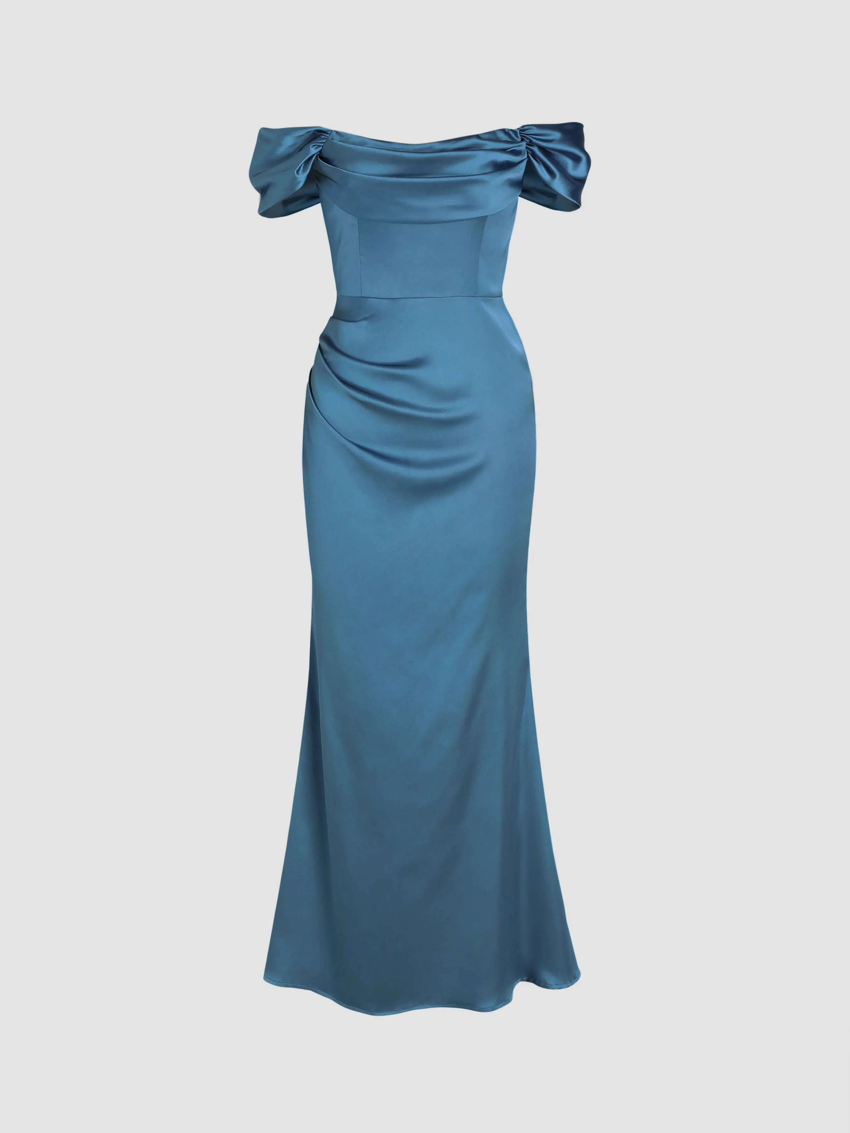 Cider Women's Elegant Off-Shoulder Satin Maxi Dress with Chic Ruched Detail for Formal Evening Parties, Shirred, Solid, Lady, Long, Occasion, Party, Formal Wear