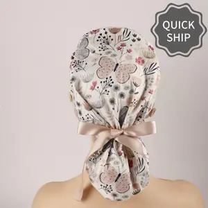 Pink Butterfly Scrub Cap With Buttons,Women Long Hair Cap ,Medical Hat,Nurse Gifts