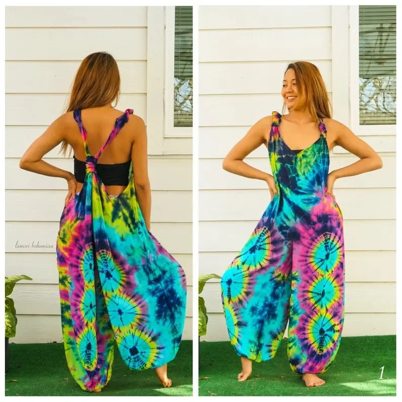 Tie Dye Hippie Dungarees Overalls Jumpsuits Rompers Pants