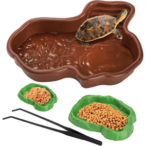 4-Piece Tortoise Water Bowl Set with Ramp, Turtle Bathing Pool, Reptile Water Dish, Large Soaking Dish, Habitat Accessories Tortoise Water Bowl Set with Ramp