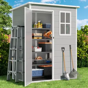 【2 Packages Shipping】Gizoon Outdoor Resin Storage Shed 5x3 FT, Plastic Garden Shed with Floor for Tool, Garbage Can, Bike, Outside Sheds & Outdoor Resin Shed with Lockable Door for Patio, Lawn, Backyard, Grey & White