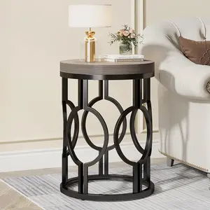 LITTLE TREE Round End Table, Industrial Side Table with Metal Hollow Frame, Small Bedside Table Nightstand for Living Room, Bedroom, Easy Assembly