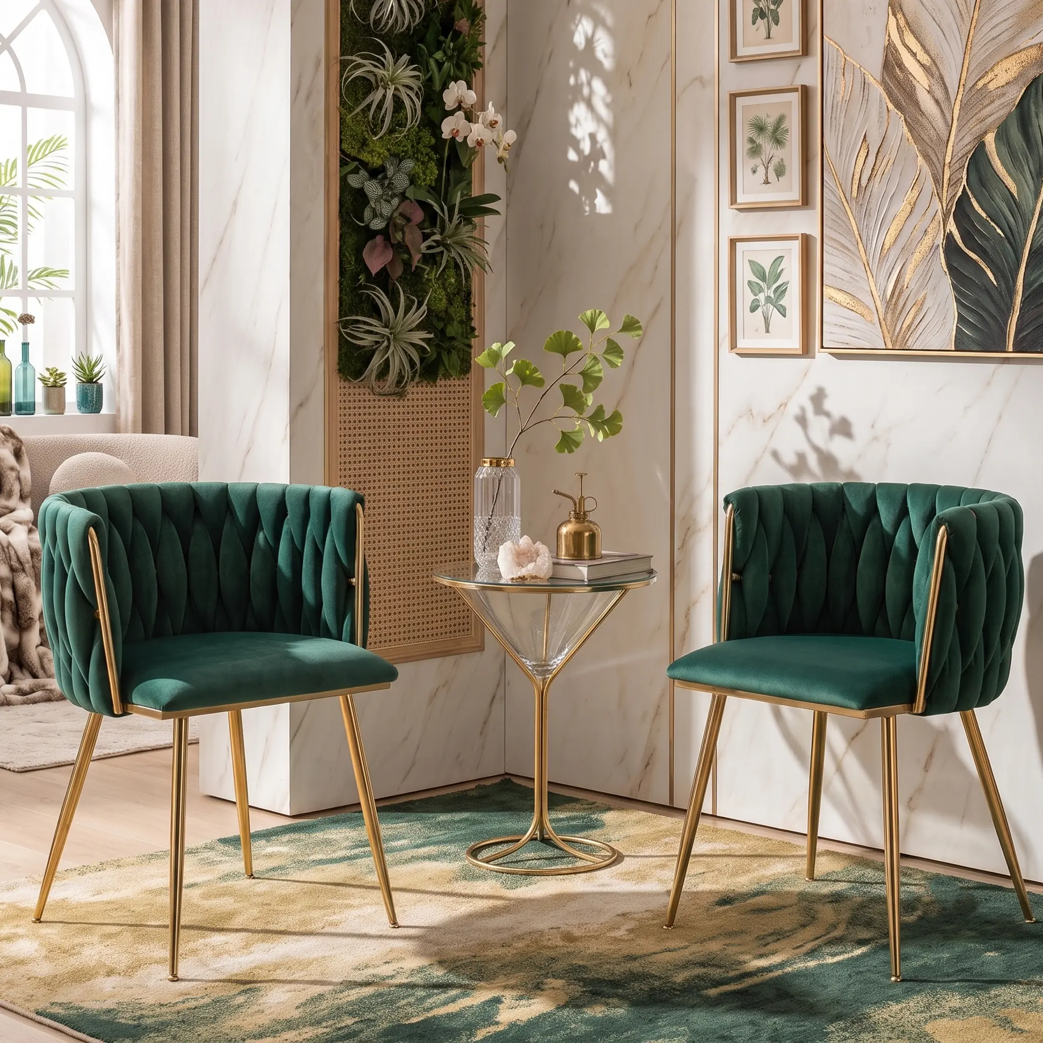 Eyisean 28" H Velvet Modern Dining Chairs Set of 2, Luxury Upholstered Side Chair with Curved Woven Backrest, Durable Accent Chair with Golden Metal Legs, Easy Assembly for Dining Room, Kitchen, Living Room
