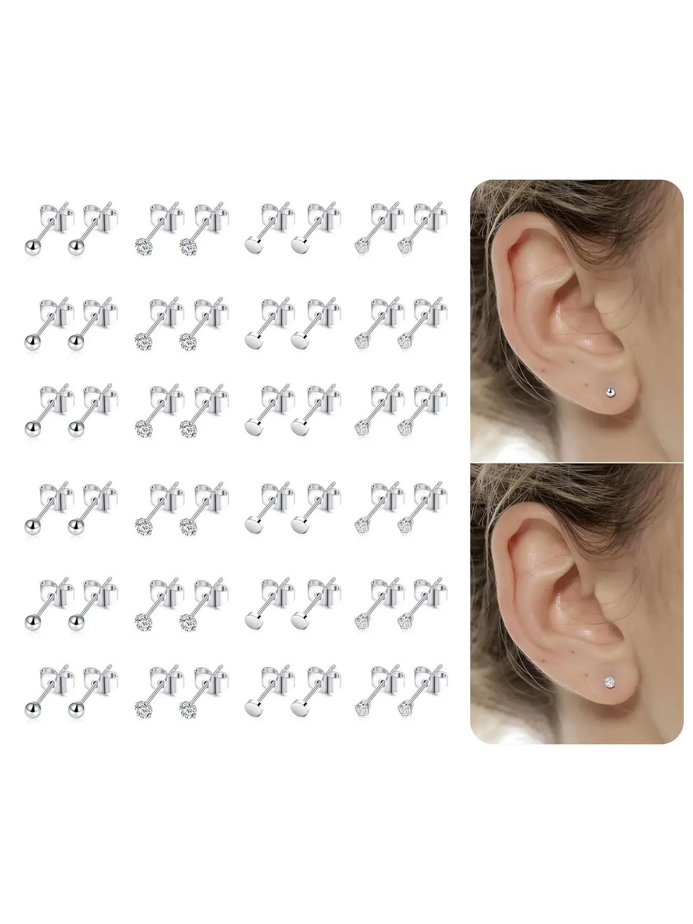 24 Pairs Tiny Stud Earring Jewelry Stainless Steel Cubic Zirconia Ball Dot Small Cartilage Stud Earrings Set For Women Men Comfy Screw Flatback Stud Earrings Back For Multiple Piercing 2MM 20G Screwback Earrings