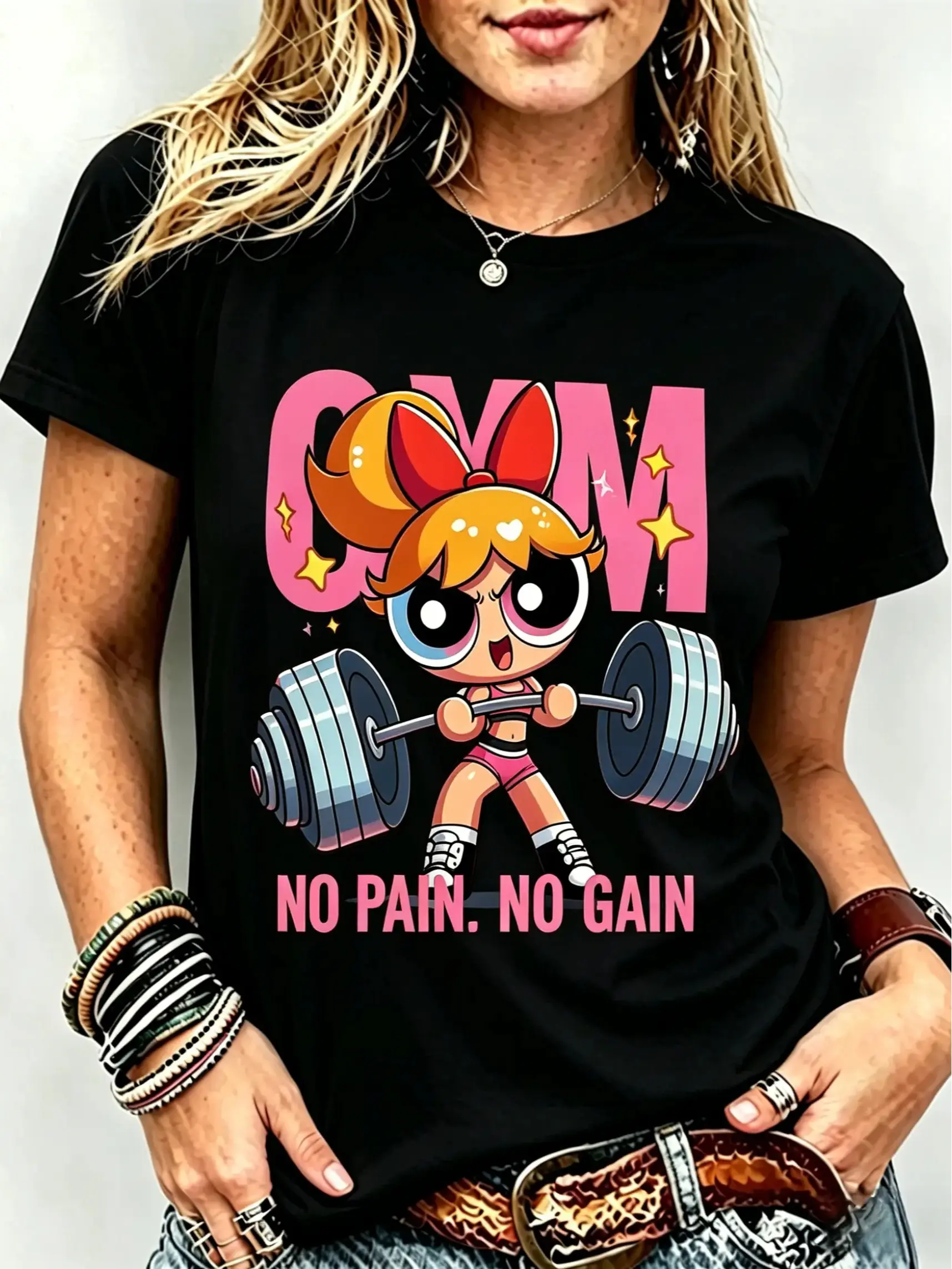 # Powerpulll No Pain No Gain Strong Girl Gym Unisex T-Shirt, Y2K # Powerpuuuf Fitness, Workout Shirt, Trending 2026, Weightlifters, Bodybuilding Shirt, Pump Cover Gym Tee for Men Women