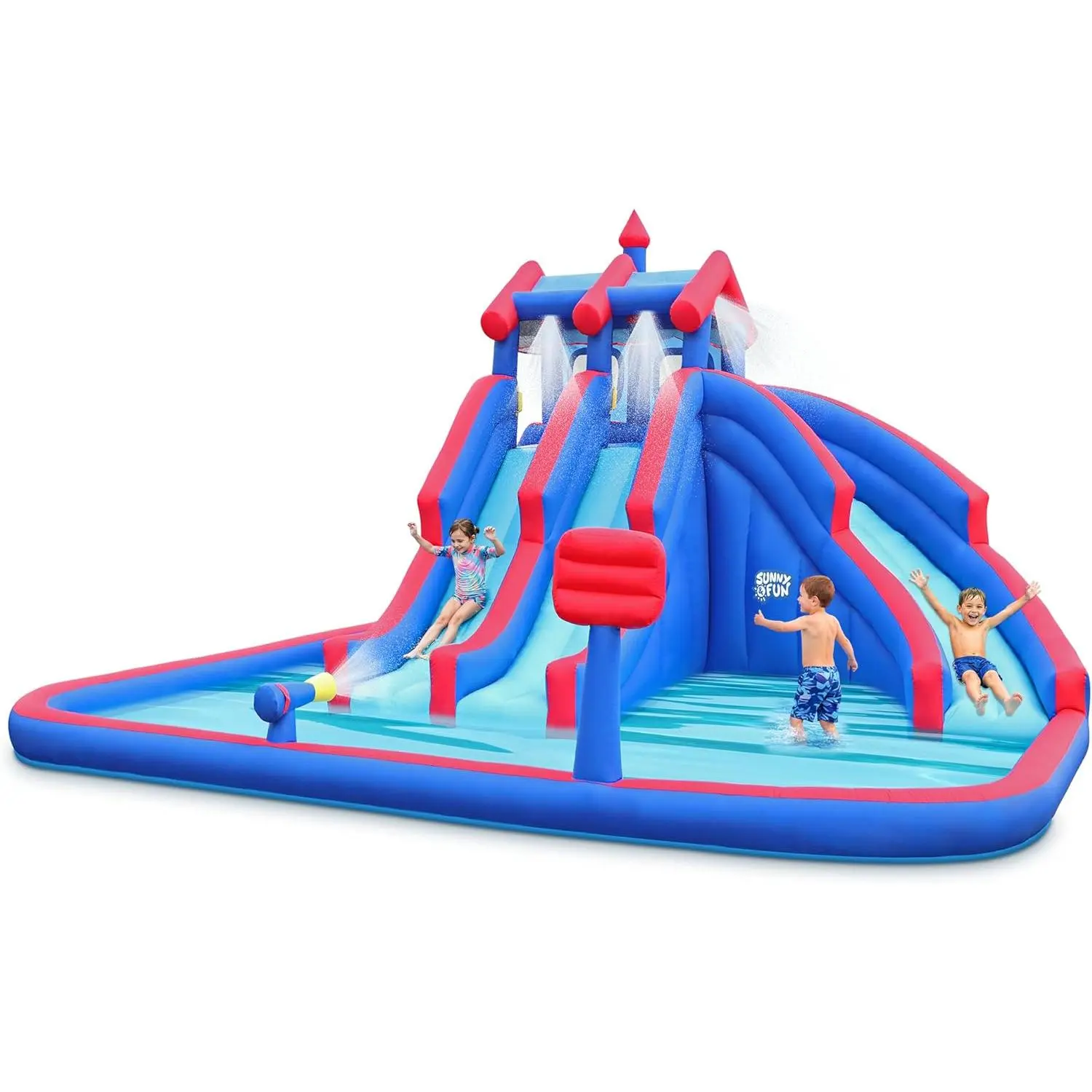 Sunny & Fun Mega Sport Inflatable Water Triple Slide Park for Kids Backyard | Heavy-Duty Oxford Blow-Up Water Park | Climbing Wall, Splash Pool, Air Blower & Carry Bag | Easy Setup & Drainage