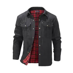 Men's Fashion Casual Solid Color Plaid Work Jacket, Mature Style Button Down Outerwear With Flap Pockets, Spring Fall Classic Menswear