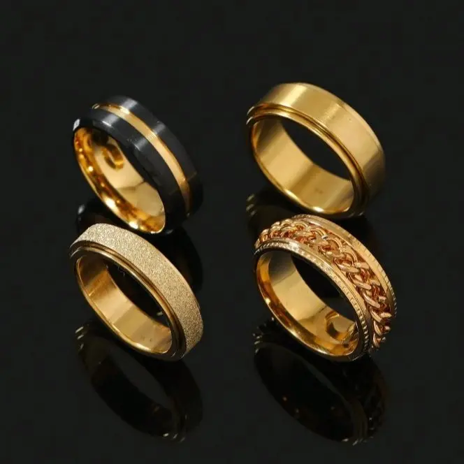 Gold men's rings, family rings, set of 4 gold men's rings, groove design, embossed, jewelry gift for family.