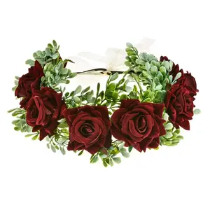 Women Flower Crown Floral Headpiece Festival Wedding Hair Wreath Floral Crown (Burgundy)