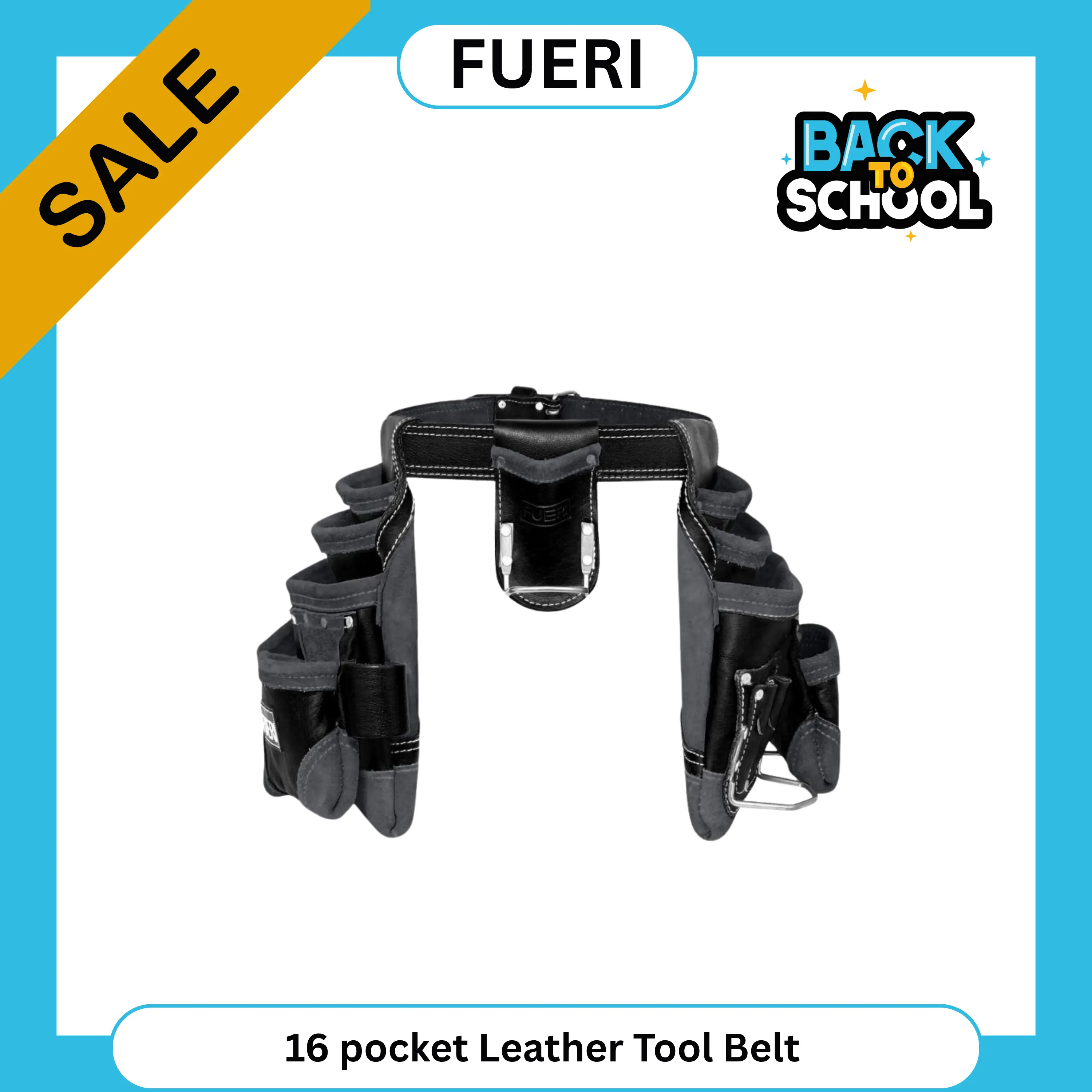 FUERI 16-Pocket Leather Organizer Tool Belt - Padded Belt, Big Multi-Compartment Pouches, Hammer Holder, Suspender Loops - Ideal for Carpentry Workers, Construction Pros (Pockets Tool Bags Category), Organizer Tool Bags campingessentials