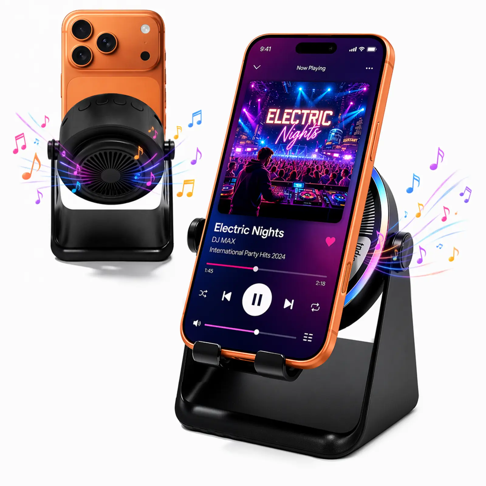Portable Bluetooth Speaker with Phone Stand- Smartphone Sound Amplifier, Rechargeable Stereo Audio, Wireless Induction, RGB Beat-Sync Ambient Light, USB-C Emergency Power Bank, 300° Adjustable for iPhone/Android, Kitchen,Bedroom,Office,Gift, Family Dinner