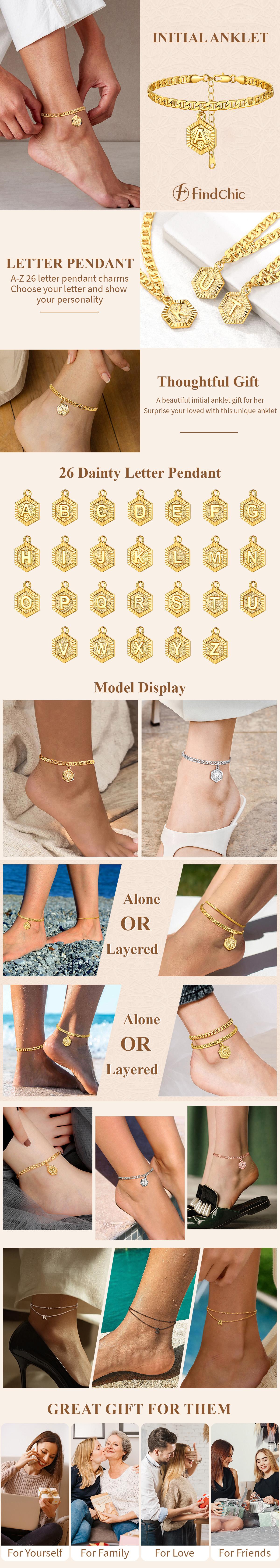 FindChic Initial 14K Gold Plated Anklets Women‘s Day Gift Golden Mariner Chain with 26 A-Z Letters Name Customization Pendant Ankle Bracelets Summer Beach Footwear Daily Casual No Tarnish Anklet Set Jewelry Gift for Women Girl Girlfriend