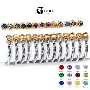 GGlRL Personalized Titanium Steel 12Month BirthStones Cable Cuff Bracelet for Women&Men With Twelve Tone Cubic Zircon Twisted Bangle Jewelry, Fashion Modern Jewellery ,Versatile Trendy Fashion Accessories ,Ideal Charm Gift For Birthday/Valentines' Day
