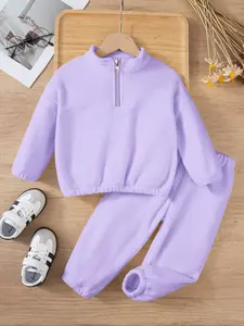 2-Piece Kids' Autumn Winter Fleece Set, Clothes Kids, Fashion Sweatshirts & Casual Pants, Warm Half-Zip Design, Comfortable Plain Color