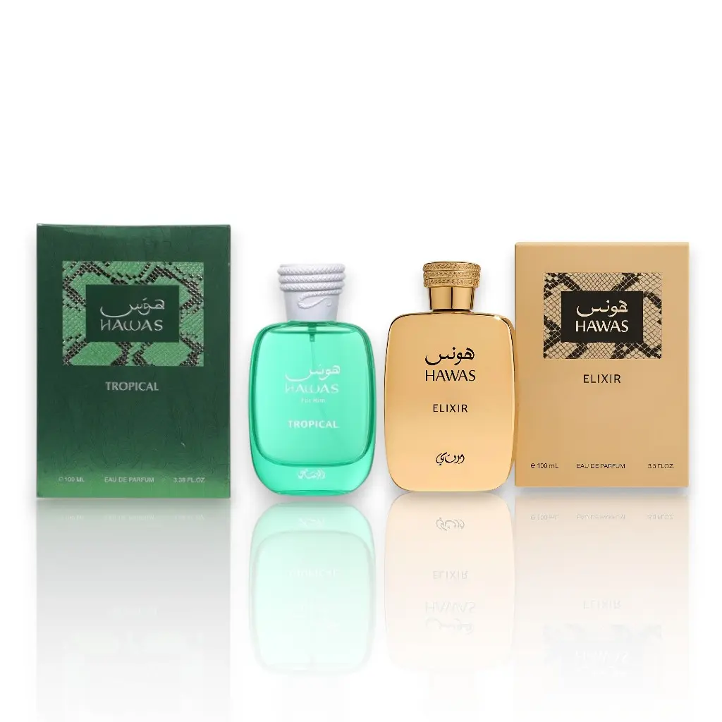 Oudlash Bundle | Rasasi | Hawas Elixir + Hawas Tropical | Men's Fragrance | Eau De Parfum | 100 ML-3.4 oz | Aromatic Citrusy - Chocolate - Bergamot - Citrus & Honey Notes