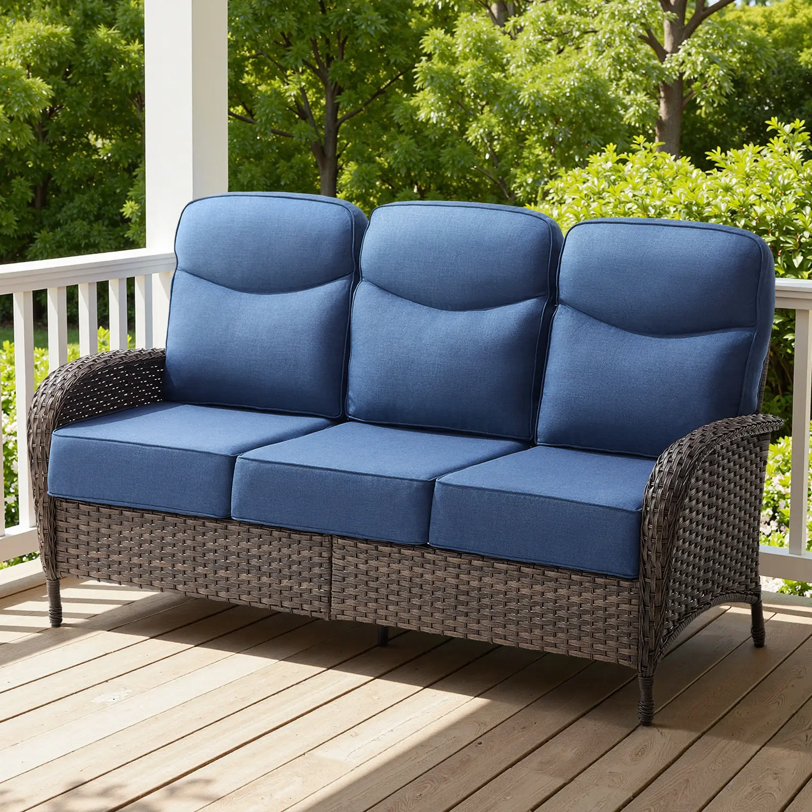Belord Patio Sofa Outdoor Wicker Couch with 6-Inch Smile Cushions - High Back Heavy Duty Comfortable Brown Wicker Rattan 3-Seater Furniture for Porch Balcony Deck Poolside Garden ND/NDS series