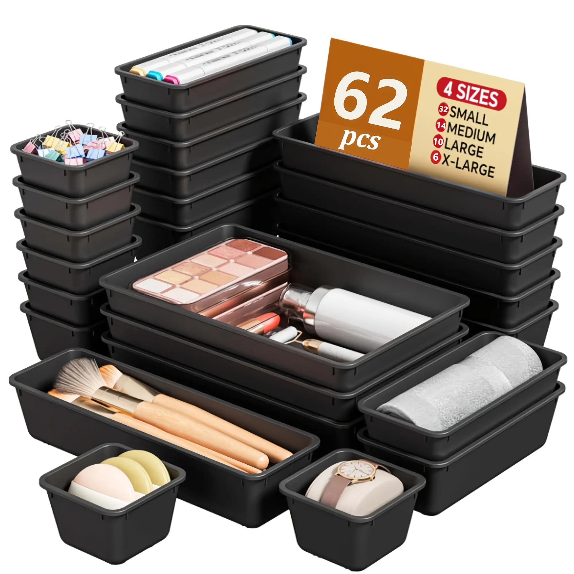 Clear Storage Trays Set Of 38pcs Clear Storage Trays Flatware Organizers And Kitchen Drawer Dividers (Black) Organizing Desk Drawers Perfect for Cosmetics
