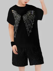 Boys Angel Wings Rhinestone Outfit | Trendy Black Sparkly Shorts Set for Junior Teens