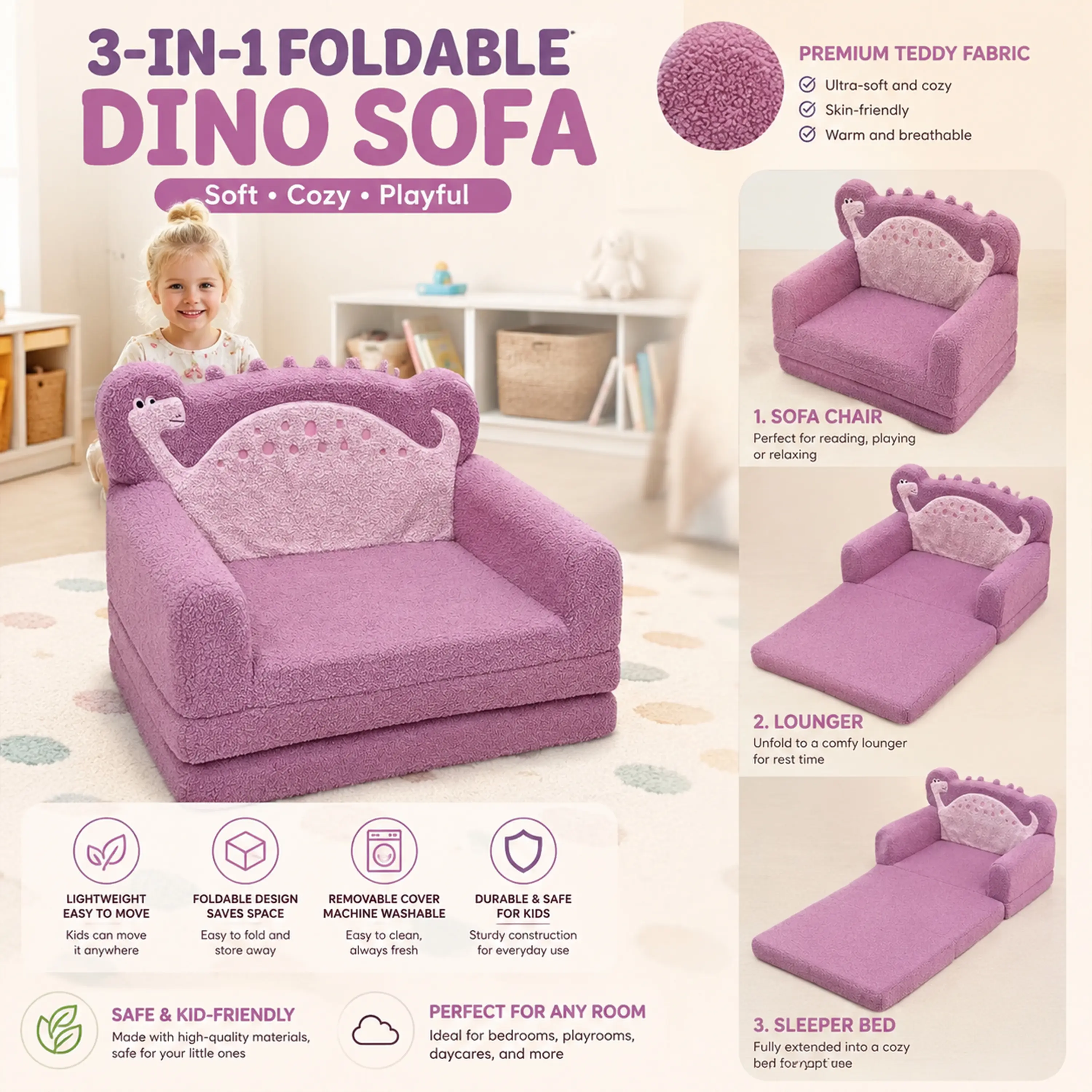 【US-based sellers】Vintage dinosaur foldable sofa – cute plush dino chair with retro vibe. Soft, sturdy, folds flat. Perfect cozy corner for bedroom, living room, or dorm. Great gift for dino lovers.
