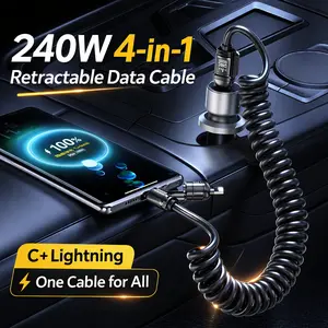 TRANSFORMERS 240W 4-in-1 Retractable Car Charging Cable with USB-A Type-C & Lightning Ports Supports PD QC Multi-Protocol Charging Compatible with iPhone Samsung Laptops Android Devices