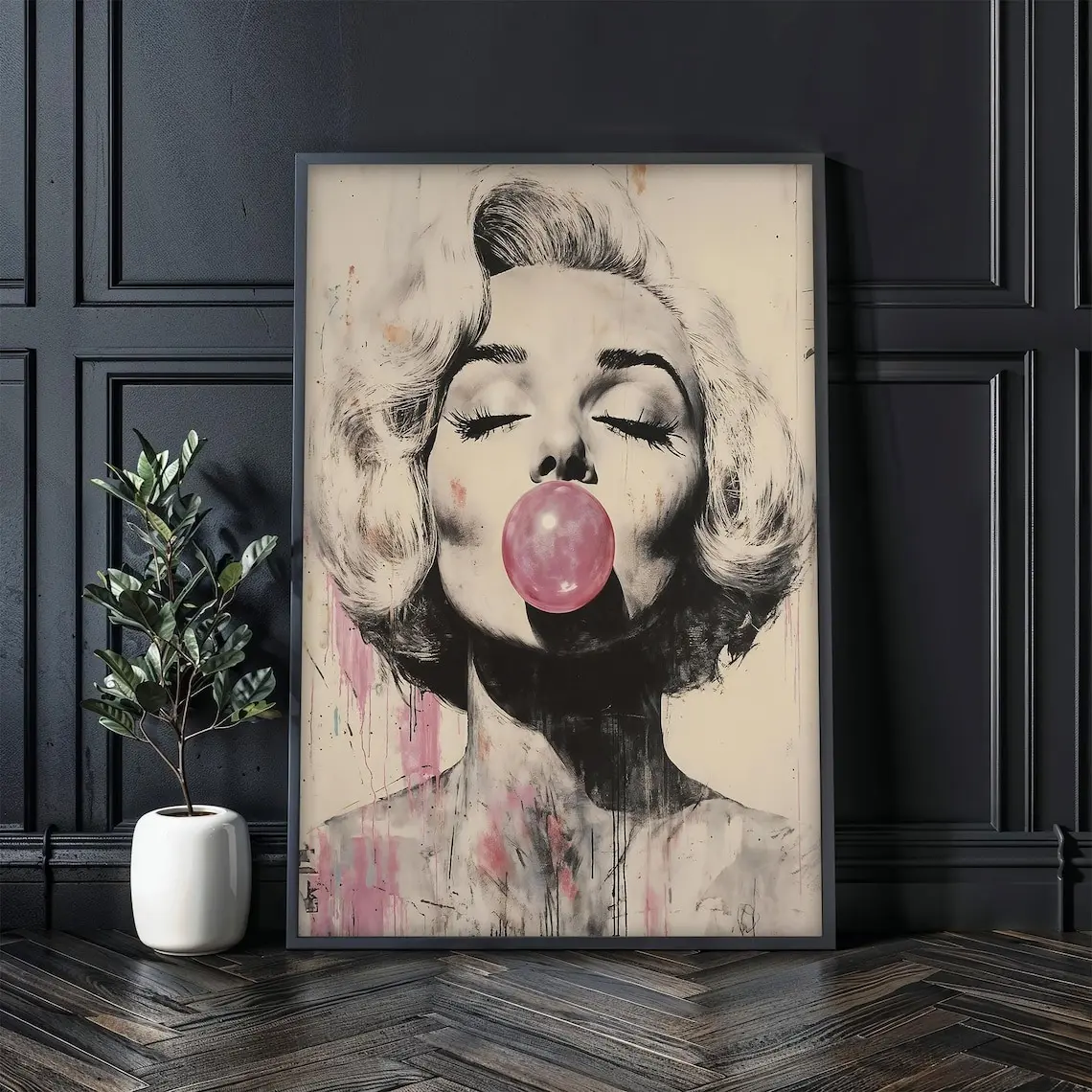 Marilyn Monroe Bubble Gum Pop Art poster, Iconic Black and White Wall Decor with Pink Bubble Gum Accent, Art prints unframed . (Poster only (unframed)) Water Proof Room Illustrations Decoration