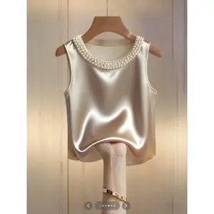 Women’s plain pearl round-neck minimalist vest top, casual fitted sleeveless blouse, stylish daily wear GARMENTARY