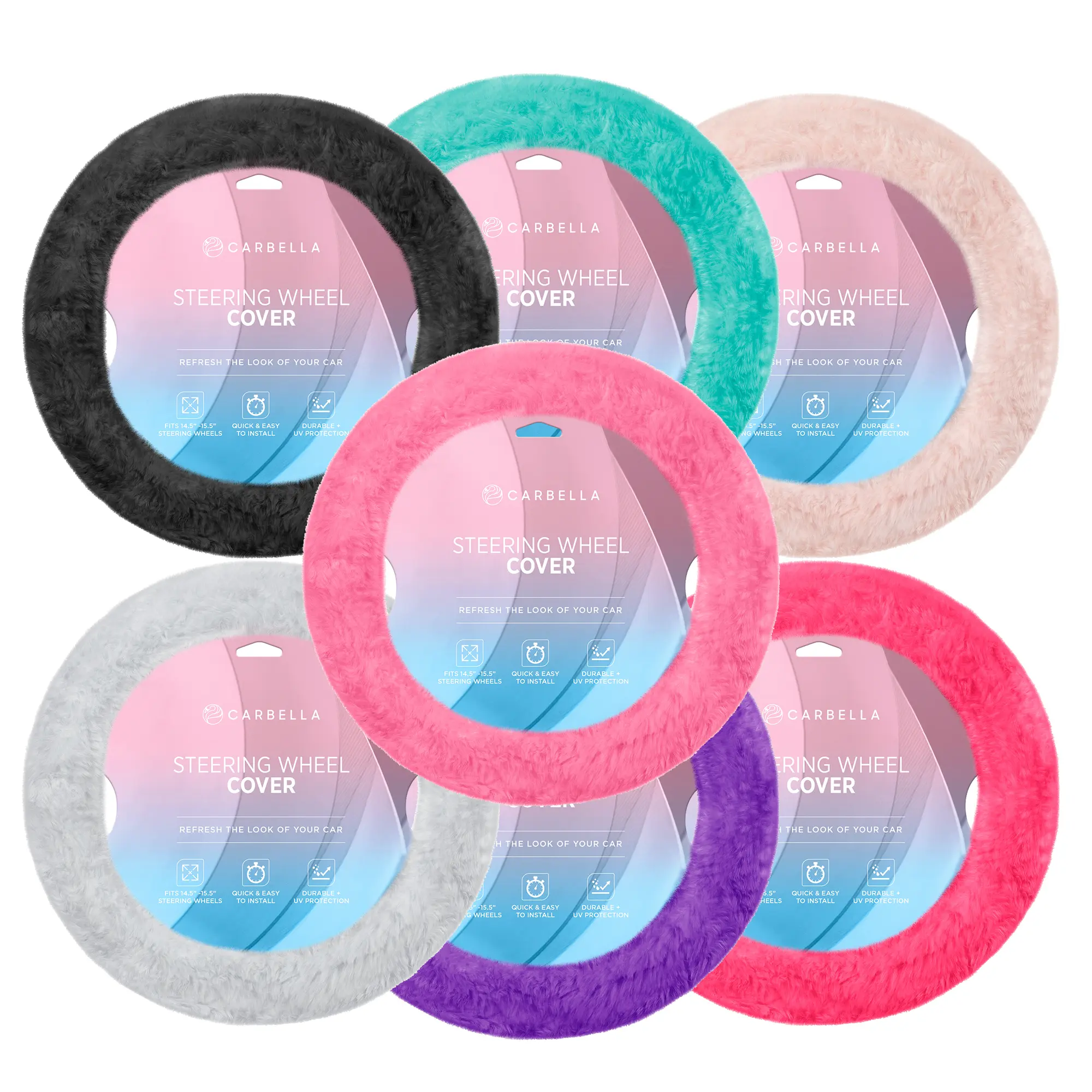 Carbella Soft Faux Fur Steering Wheel Cover - Fuzzy Comfortable Girly Car Accessory, Universal Fit for 14.5-15.5 in Standard Automotive Interior Wheels, Car Accessories