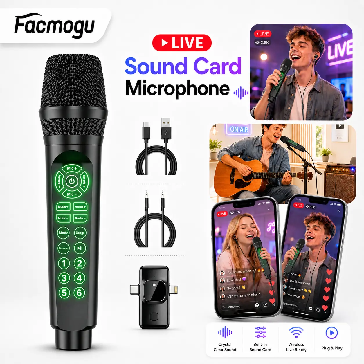 [Facmogu]Live Streaming & Karaoke Sound Card Mic for Phone/PC, USB-C + Lightning Receiver, Voice Changer, Reverb & Real-Time Monitoring — Powered Speaker Required for Room Sound