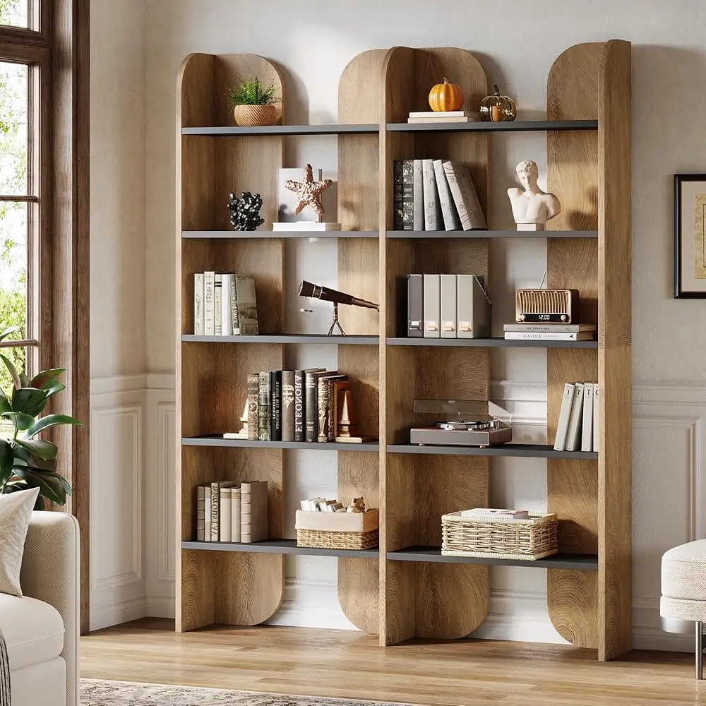 Tribesigns Vintage 5-Tier Bookcase For Home, Tall Double Wide Bookshelf With Open Shelves, Brown and Black