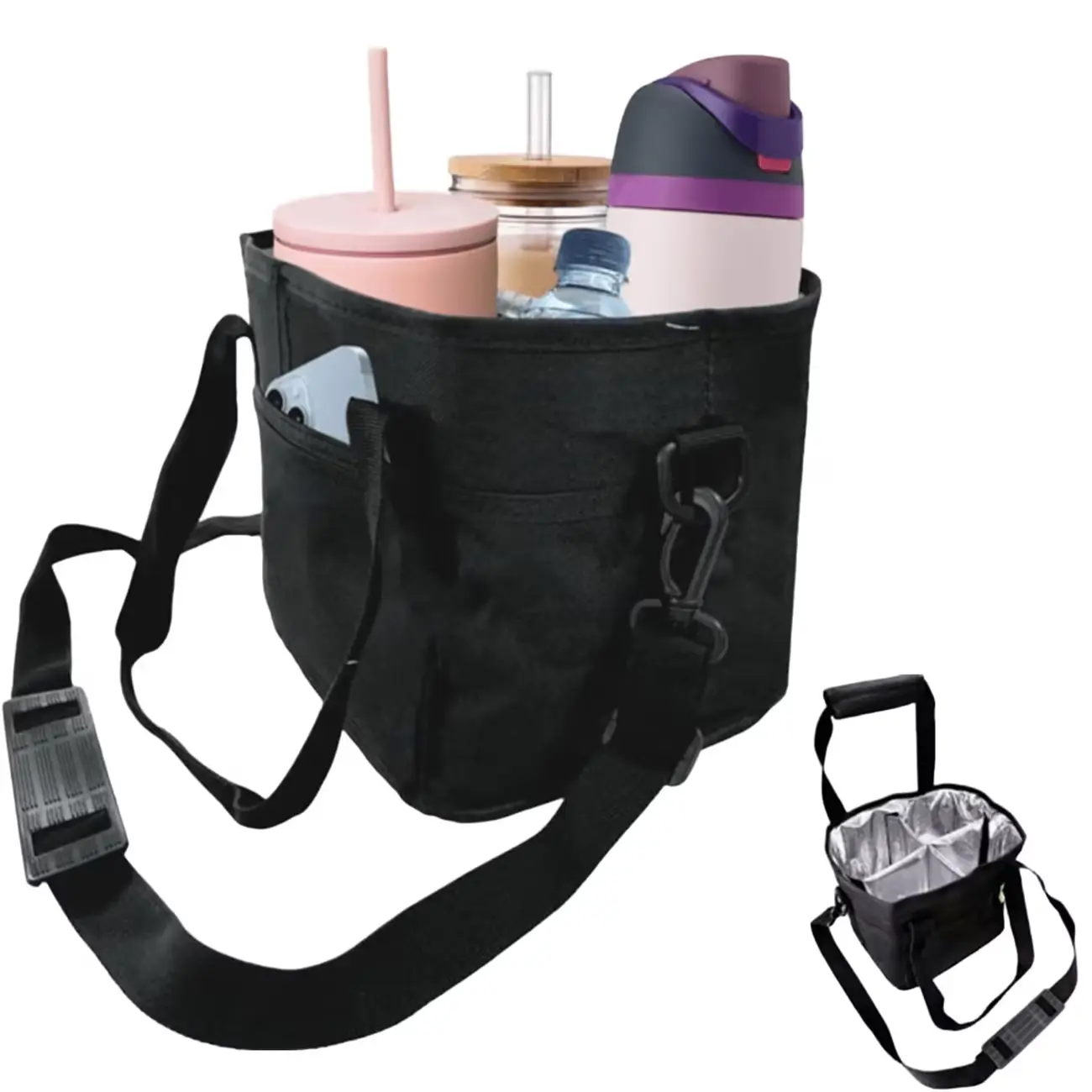 Water Bottle Carrier Bag with Shoulder Strap, Multi-Bottle Drink Tote Holder, Large Capacity Beverage Caddy Organizer with Front Pockets for Gym, Beach, Pool, Picnic, Camping, Sports, Travel & Road Trips