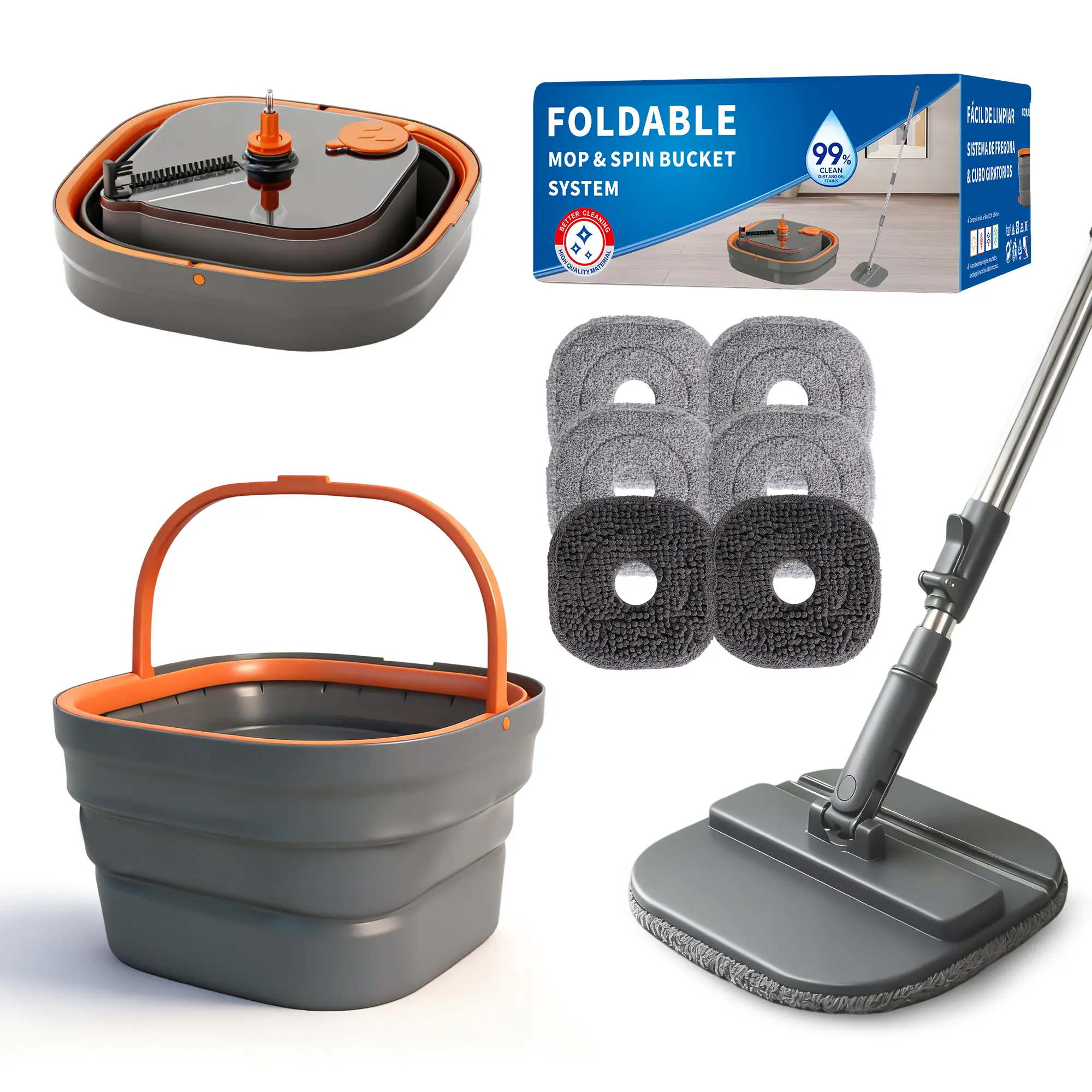Topwire Foldable Spin Mop and Bucket System - Portable Handheld Mop, Household Home Care Supply with Separate Tanks, 43-51.7in Adjustable Handle, 6 Reusable Pads (4 Microfiber + 2 Chenille), Lightweight for Home Floor/Window Cleaning summerwins,summerwins