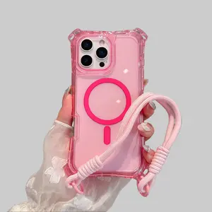 Curved MagSafe Transparent Mobile girly Phone Case with Four Corners Anti-Fall Hand Strap Design Simple 3 in 1 Shockproof Protection for iPhone 17 16 15 14 13 Pro Max Plus MagSafe Customized for Girls Halloween Gifts