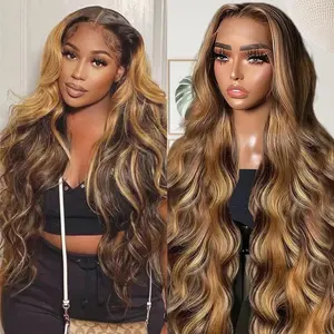 AMZHAIR 13x6 Glueless Highlight Hd Lace Frontal Wig Human Hair Ombre Colored Honey Blonde 4/27 Human Hair Wigs Body Wave For Women 13x4 Highlight Wig Ombre Honey Blonde Lace Front Wig Brazilian Hair Wigs Human Hair Lace Front Pre Plucked Wig for Women