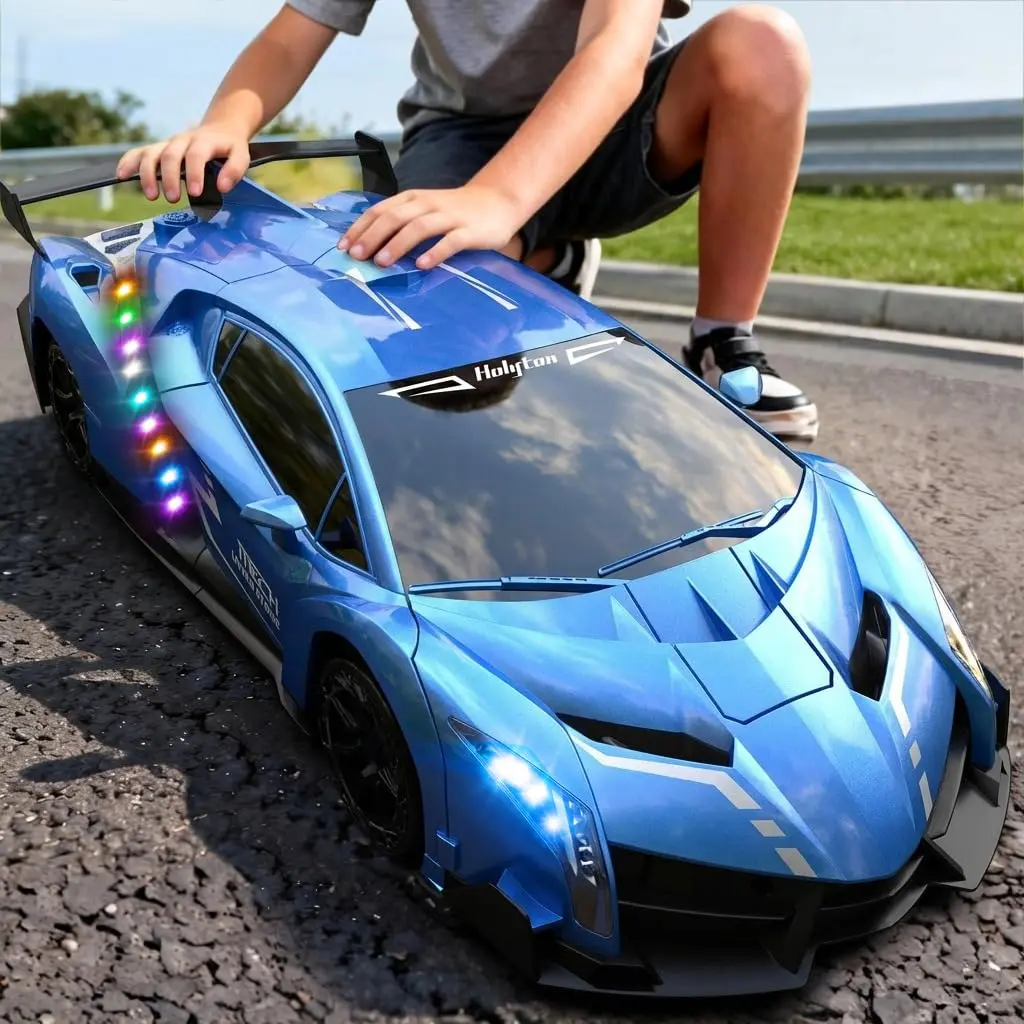 Holyton 1:10 Rechargeable Remote Control Transforming Car for Kids Ages 5+, RC Robot Car with Gesture Control, Lights, Music Effect, Spray, 2 Batteries, Remote Play, Robot Mode, Cool Gift for Boys