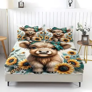 3Pcs Cute Highland Cow Pattern Fitted Sheet Set, Paired with a Brown Calf and a Blue Bow and Sunflower Pattern Bedding Set, Suitable for Creating a Playful Bedroom and Comfortable Sleeping Environment.