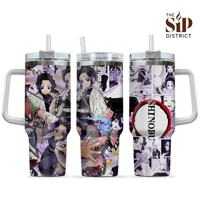 The Sip District. Shinobu Kocho 20oz 40oz Anime Tumbler – Insect Hashira Demon Slayer Stainless Steel Tumbler with Handle Option, Purple Butterfly Full Wrap Manga Design Insulated Coffee Cup, Kimetsu no Yaiba Anime Gift for Her, Travel Drinkware Mug