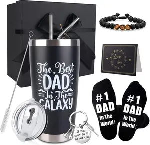 Dad Gifts, 8PCS Fathers Day Gift Includes 20oz Tumbler with Lid Straw Brush Socks Bracelet Key Chain Thanks Card Gift Box, Best Dad Ever Gifts from Daughter Son Kids for Christmas Birthday
